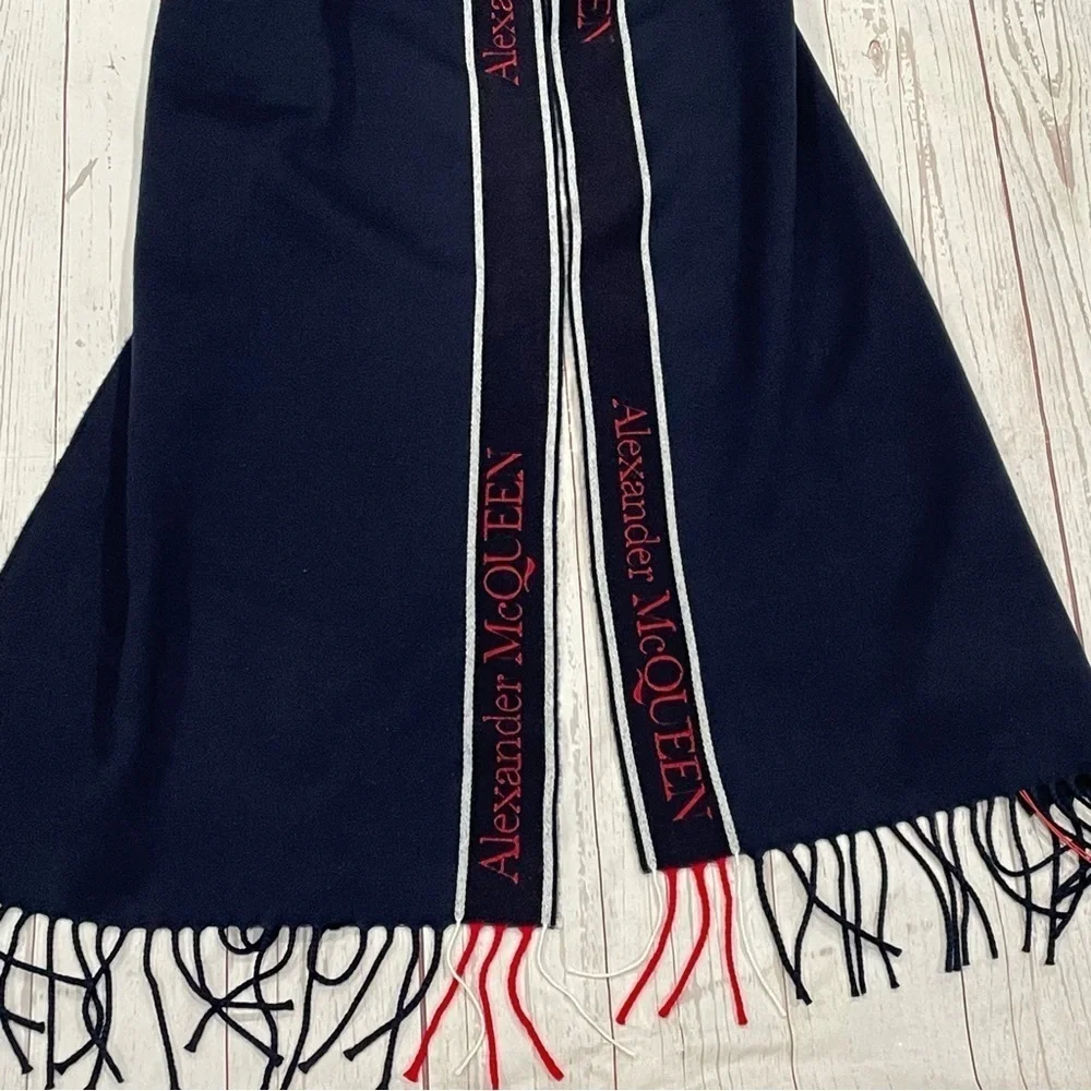 Alexander Mcqueen Navy Blue Selvedge Fringe Wool/Cashmere Unisex Scarf NWT $420